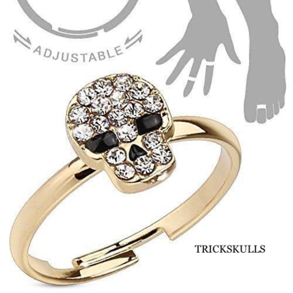 Gold Tone Adjustable Cubic Zirconia Pave Skull Toe Ring Open Mid Ring Sz 3.5 - 7
